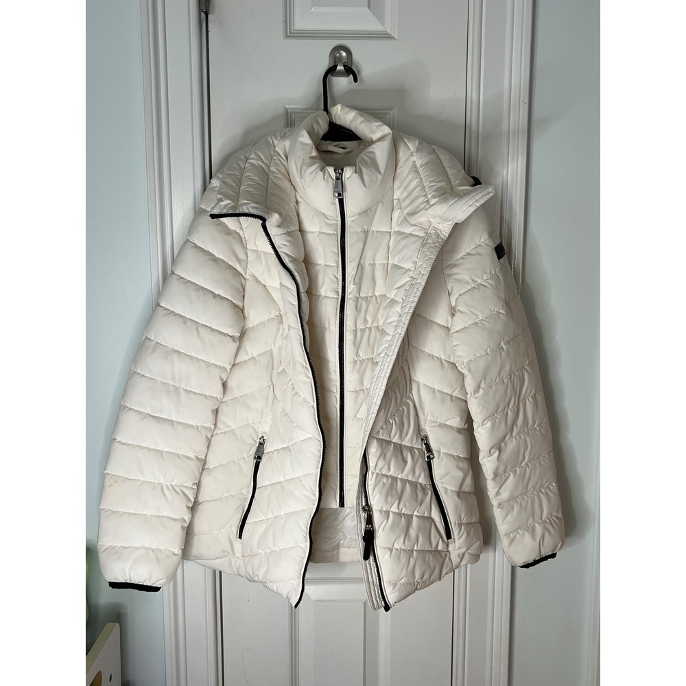 DKNY Womens White Chevron Quilted Puffer Jacket Size S Full Zip Warm Winter Coat